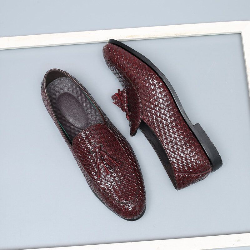 Heren Ademend Comfy Bottom Weave Vintage Kwastje Puntige Teen Slip On Business Casual Schoenen