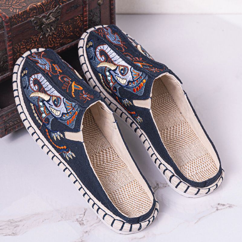 Heren Canvas Ademend Folkways Patroon Gesloten Teen Slip On Casual Platte Slippers