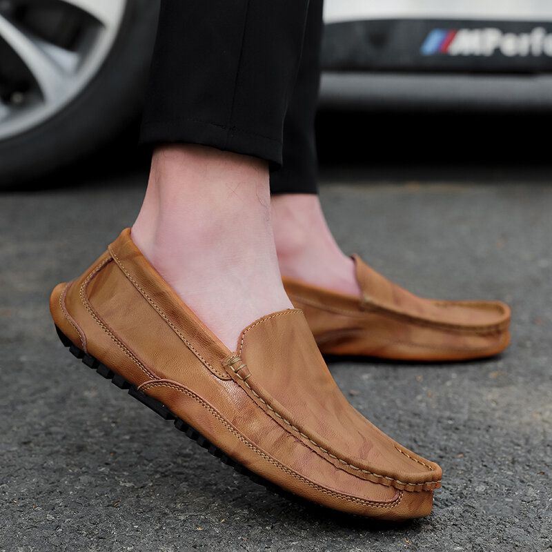 Heren Comfortabele Leren Loafers Antislip Zachte Zool Casual Slip On Platte Schoenen