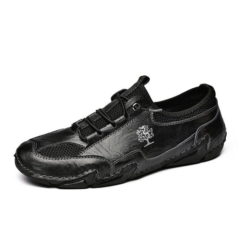 Heren Comfy Leather Handstiksels Ademend Mesh Stof Antislip Soft Casual Driving Shoes