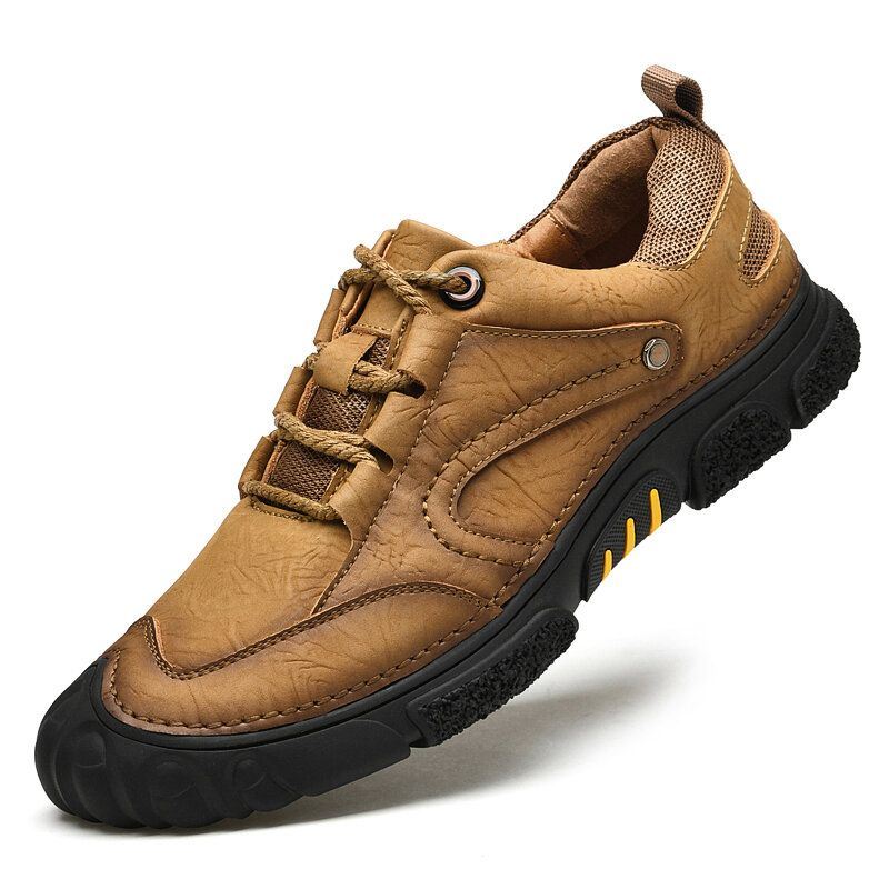 Heren Echt Leer Ademend Handstiksels Comfortabele Zachte Zool Lace Up Casual Outdoor Schoenen