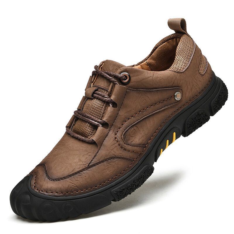 Heren Echt Leer Ademend Handstiksels Comfortabele Zachte Zool Lace Up Casual Outdoor Schoenen