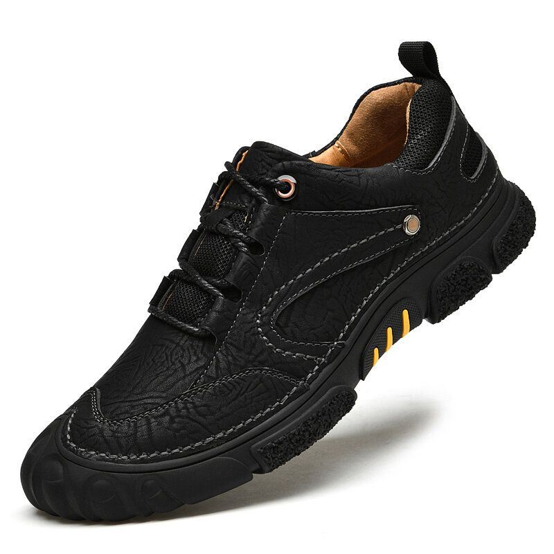 Heren Echt Leer Ademend Handstiksels Comfortabele Zachte Zool Lace Up Casual Outdoor Schoenen