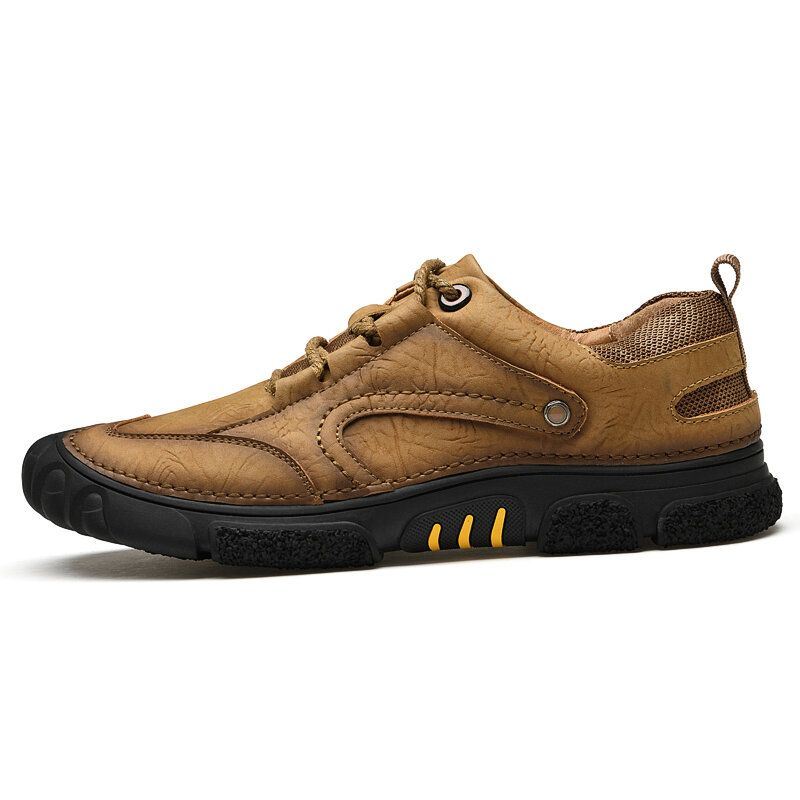 Heren Echt Leer Ademend Handstiksels Comfortabele Zachte Zool Lace Up Casual Outdoor Schoenen