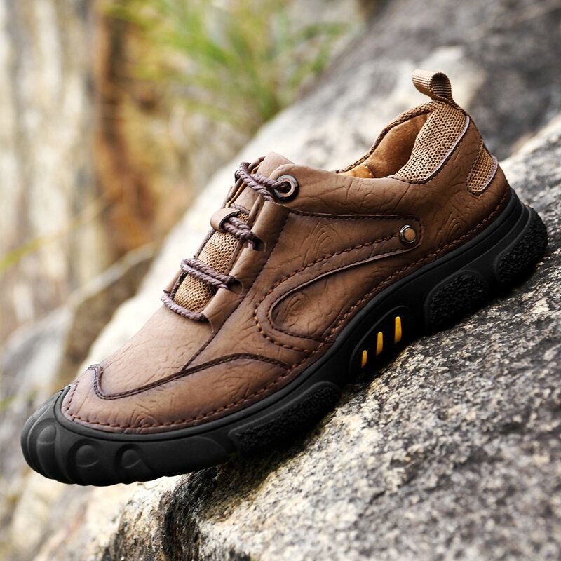 Heren Echt Leer Ademend Handstiksels Comfortabele Zachte Zool Lace Up Casual Outdoor Schoenen