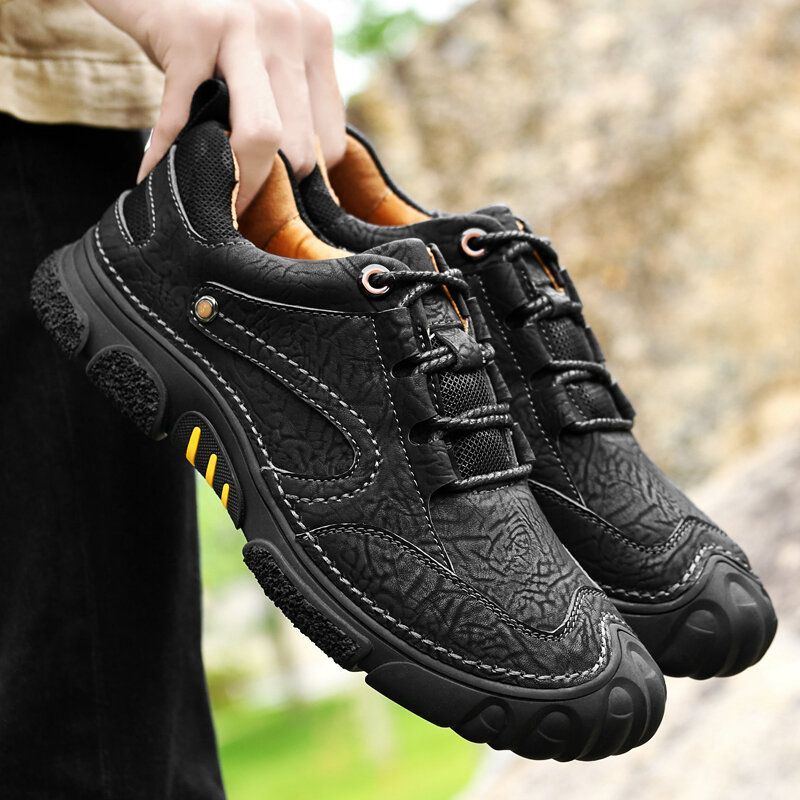 Heren Echt Leer Ademend Handstiksels Comfortabele Zachte Zool Lace Up Casual Outdoor Schoenen