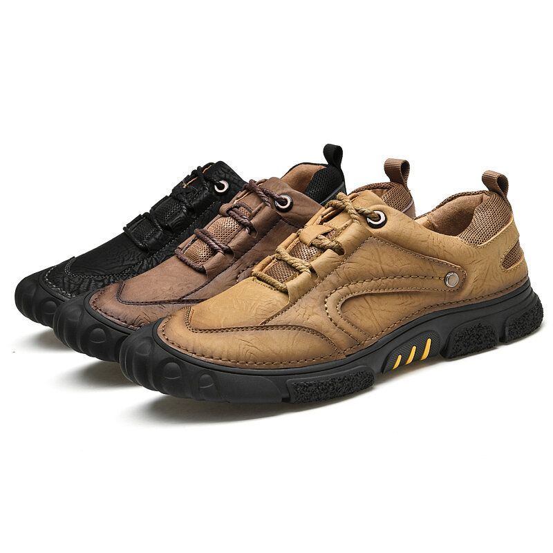 Heren Echt Leer Ademend Handstiksels Comfortabele Zachte Zool Lace Up Casual Outdoor Schoenen