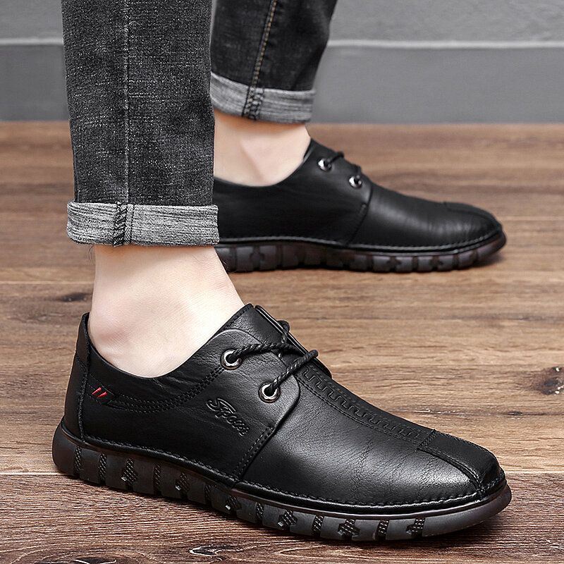 Heren Handgemaakte Comfy Microfiber Antislip Soft Lace Up Casual Leren Schoenen