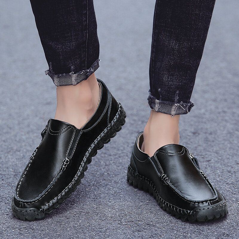 Heren Handgestikte Lederen Zachte Zijrits Zakelijke Casual Slip On Platte Schoenen