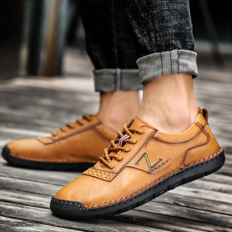 Heren Handstiksels Lederen Zachte Zool Antislip Casual Schoenen