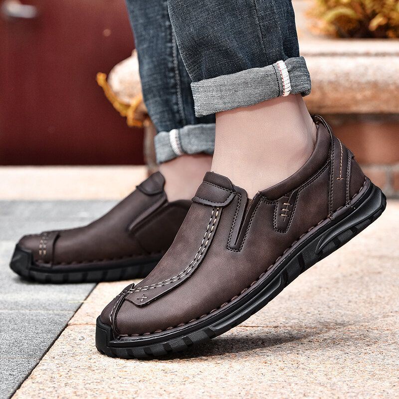 Heren Handstiksels Rundleer Antislip Zachte Zool Zakelijke Casual Schoenen