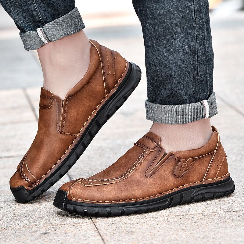 Heren Handstiksels Rundleer Antislip Zachte Zool Zakelijke Casual Schoenen