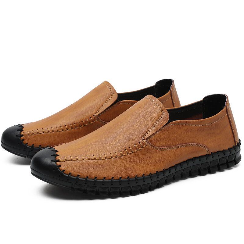 Heren Handstiksels Rundleer Zachte Elastische Slip On Casual Schoenen