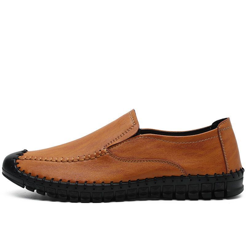 Heren Handstiksels Rundleer Zachte Elastische Slip On Casual Schoenen