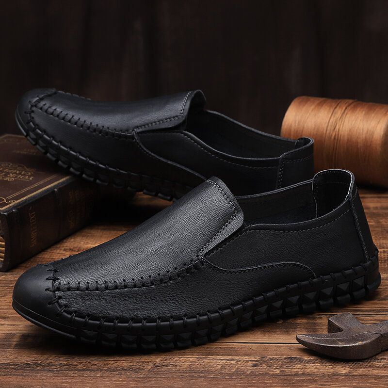 Heren Handstiksels Rundleer Zachte Elastische Slip On Casual Schoenen