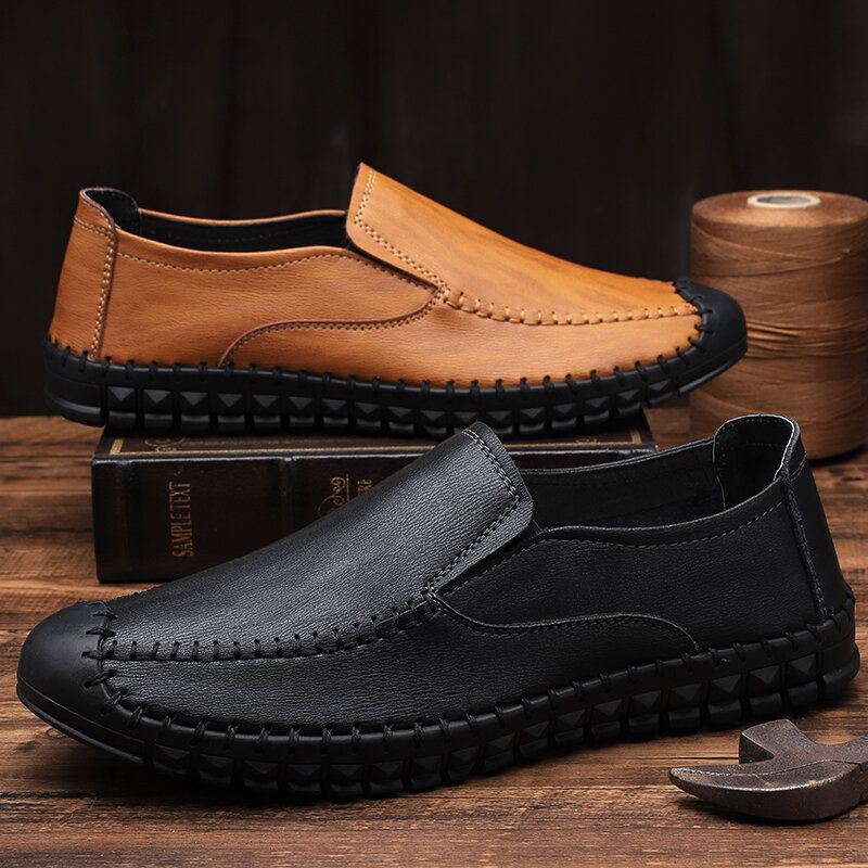 Heren Handstiksels Rundleer Zachte Elastische Slip On Casual Schoenen