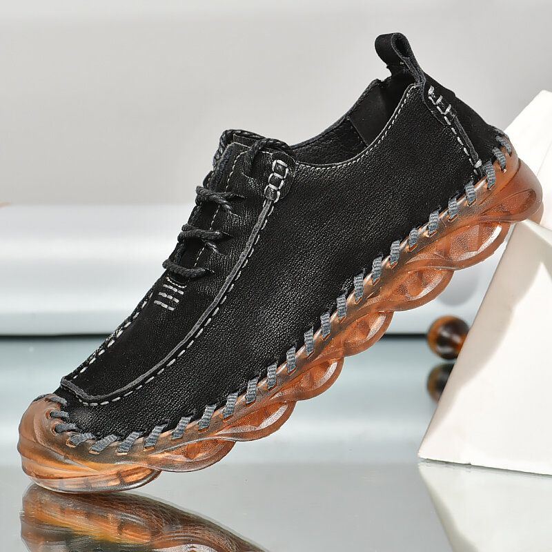 Heren Handstiksels Zacht Echt Leer Antislip Lace Up Casual Schoenen