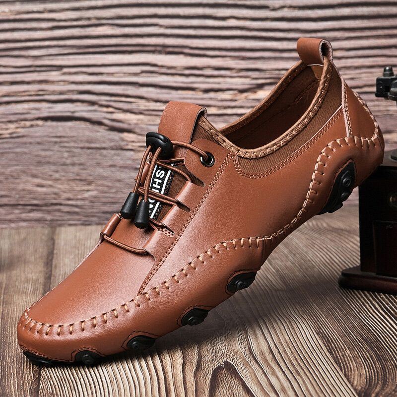 Heren Koeienhuid Ademend Comfortabele Zachte Bodem Handstiksels Antislip Outdoor Casual Schoenen