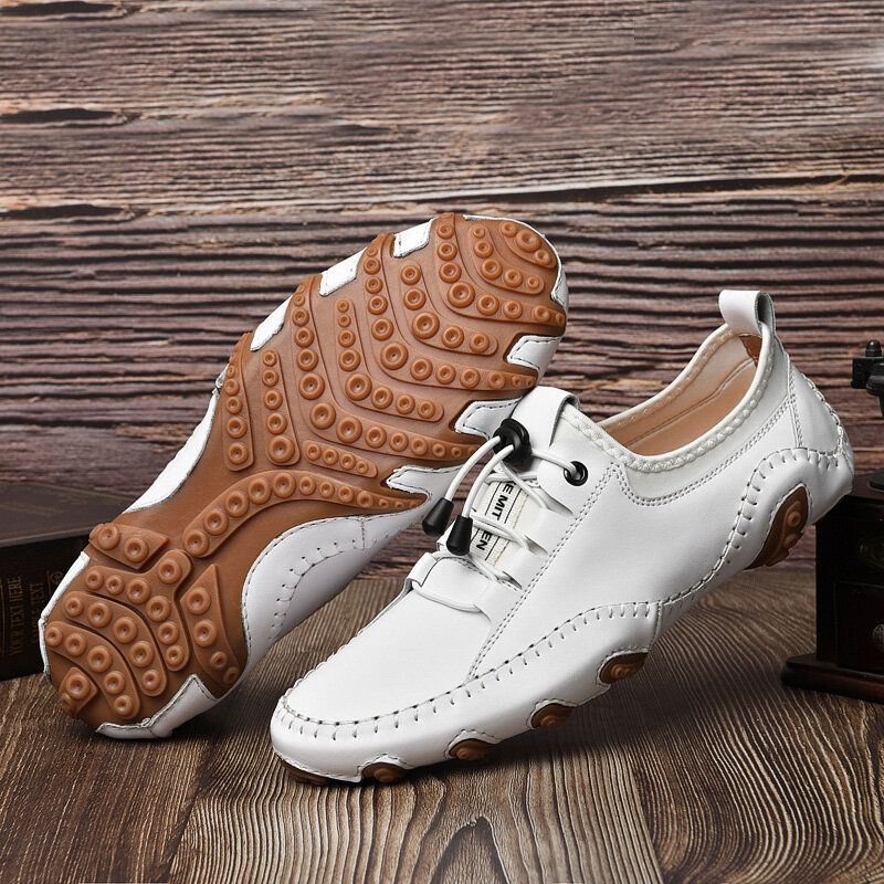 Heren Koeienhuid Ademend Comfortabele Zachte Bodem Handstiksels Antislip Outdoor Casual Schoenen