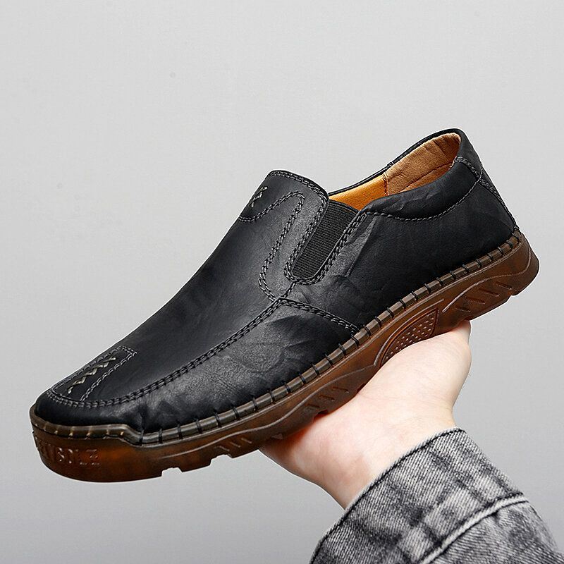 Heren Koeienhuid Ademende Handstiksels Zachte Zool Korte Slip On Casual Schoenen