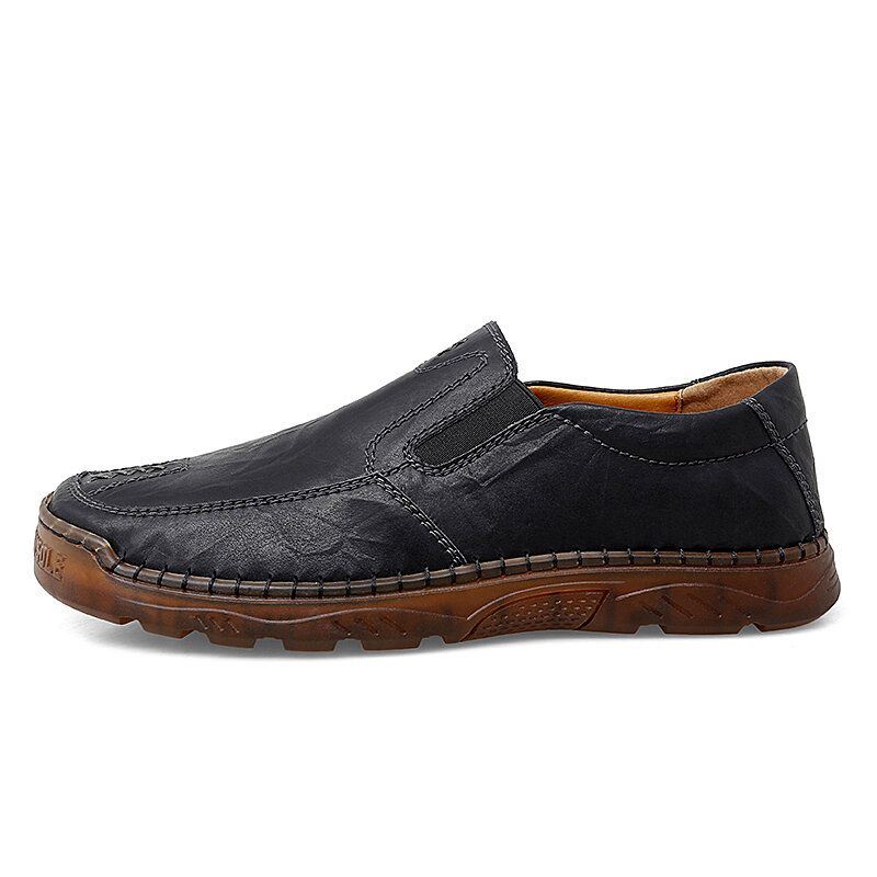 Heren Koeienhuid Ademende Handstiksels Zachte Zool Korte Slip On Casual Schoenen