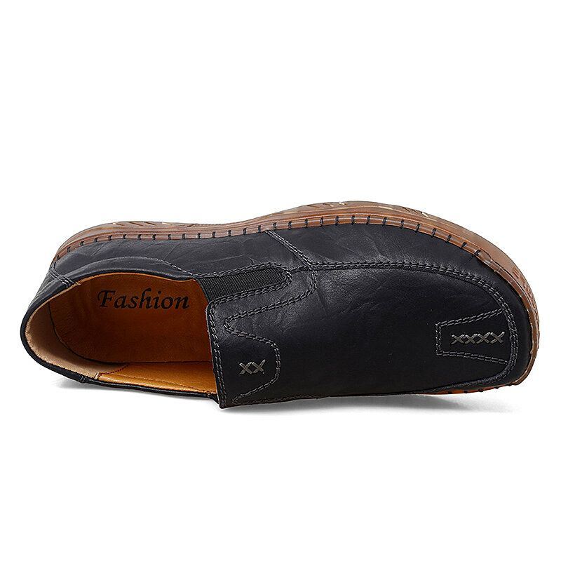 Heren Koeienhuid Ademende Handstiksels Zachte Zool Korte Slip On Casual Schoenen