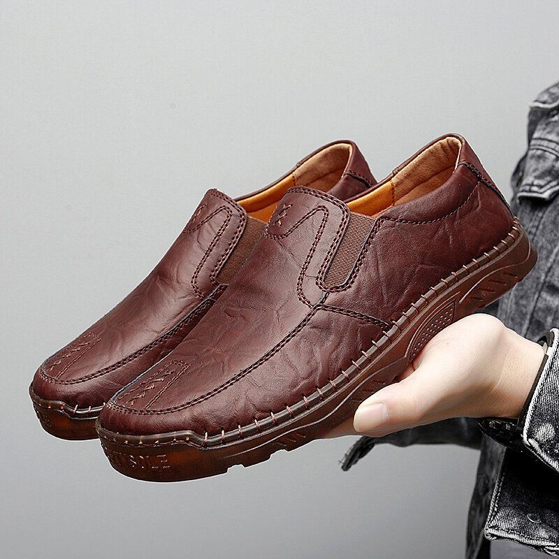 Heren Koeienhuid Ademende Handstiksels Zachte Zool Korte Slip On Casual Schoenen