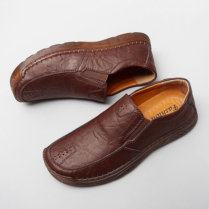 Heren Koeienhuid Ademende Handstiksels Zachte Zool Korte Slip On Casual Schoenen