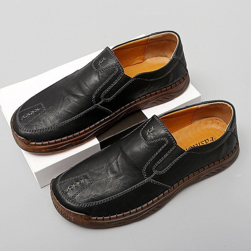 Heren Koeienhuid Ademende Handstiksels Zachte Zool Korte Slip On Casual Schoenen