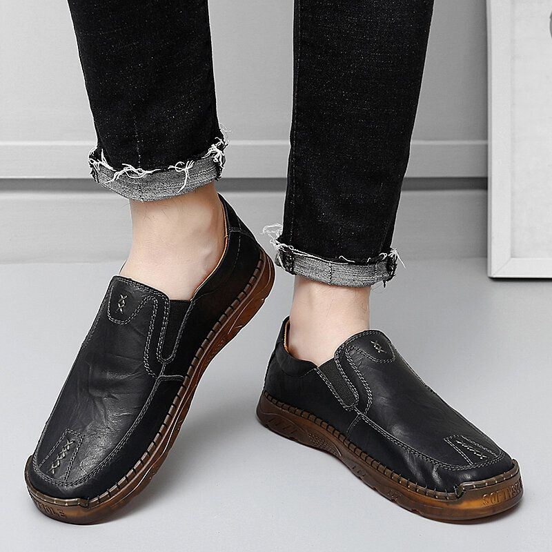 Heren Koeienhuid Ademende Handstiksels Zachte Zool Korte Slip On Casual Schoenen