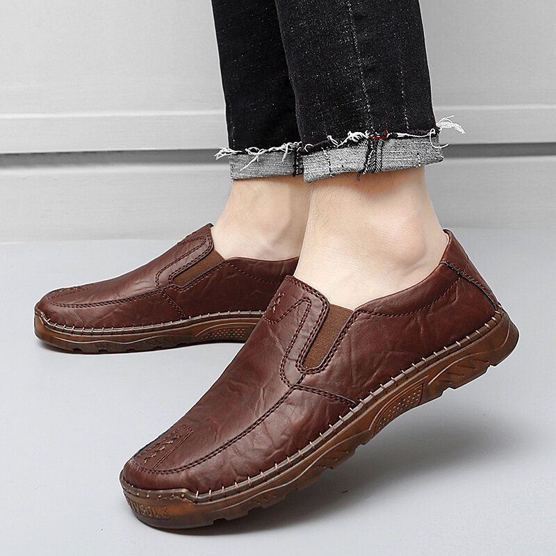 Heren Koeienhuid Ademende Handstiksels Zachte Zool Korte Slip On Casual Schoenen