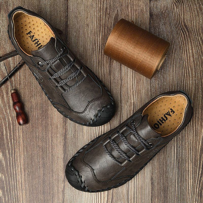 Heren Koeienhuid Handstiksels Ademend Zachte Zool Teen Beschermd Casual Outdoor Schoenen