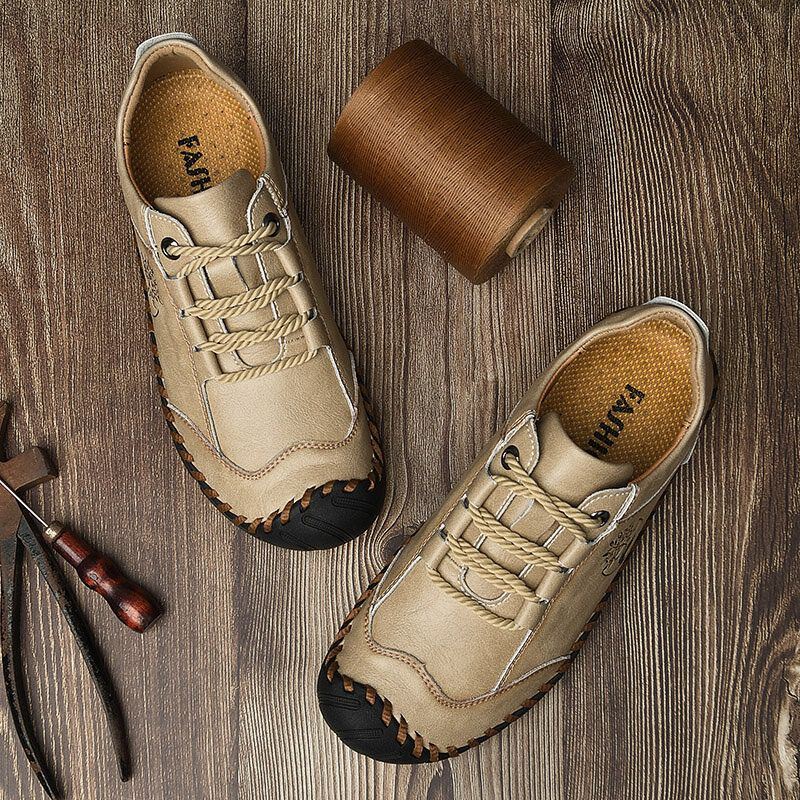 Heren Koeienhuid Handstiksels Ademend Zachte Zool Teen Beschermd Casual Outdoor Schoenen