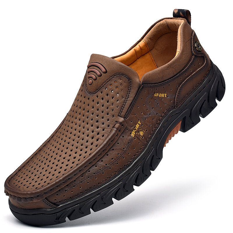 Heren Koeienhuid Hollow Non-slip Outdoor Business Casual Slip On Leren Schoenen