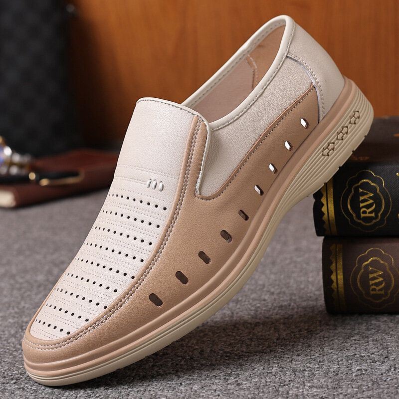 Heren Koeienhuid Uitgehold Ademend Zachte Bodem Slip On Casual Leren Schoenen