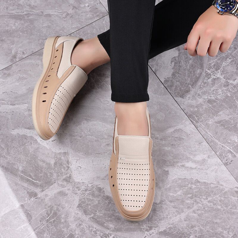 Heren Koeienhuid Uitgehold Ademend Zachte Bodem Slip On Casual Leren Schoenen