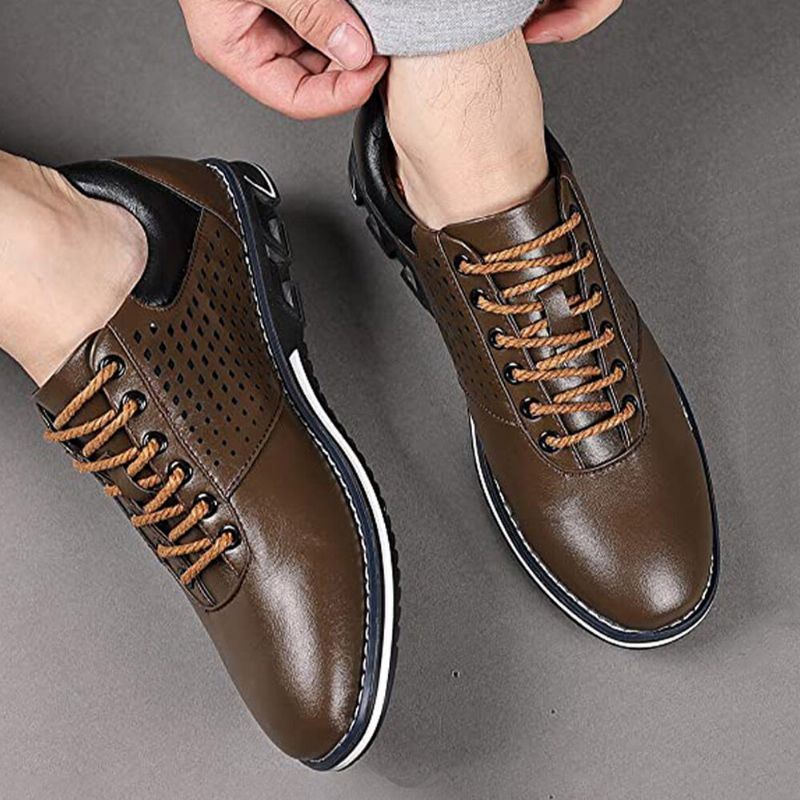 Heren Lederen Ademende Zachte Zool Korte Pure Color Lace Up Casual Business Shoes