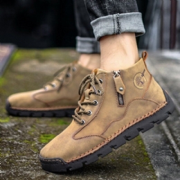 Heren Lederen Handstiksels Ademende Zachte Zool Korte Pure Kleur Rits Lace Up Casual Schoenen