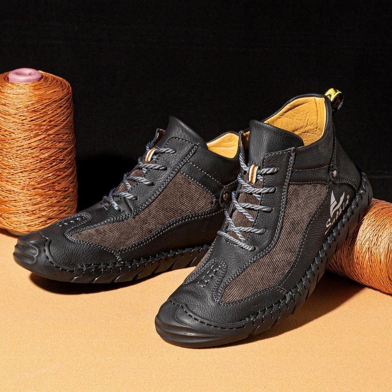 Heren Lederen Handstiksels Ademende Zachte Zool Trendy Splicing Gesloten Teen Lace Up Casual Schoenen