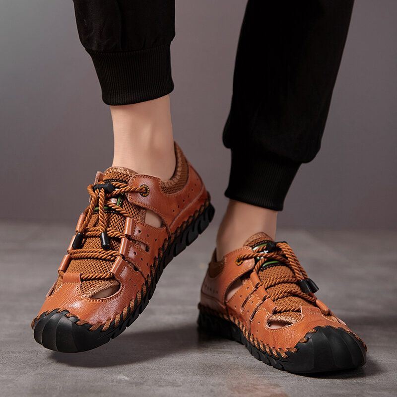 Heren Lederen Handstiksels Mesh Ademende Zachte Bodem Casual Outdoor Schoenen