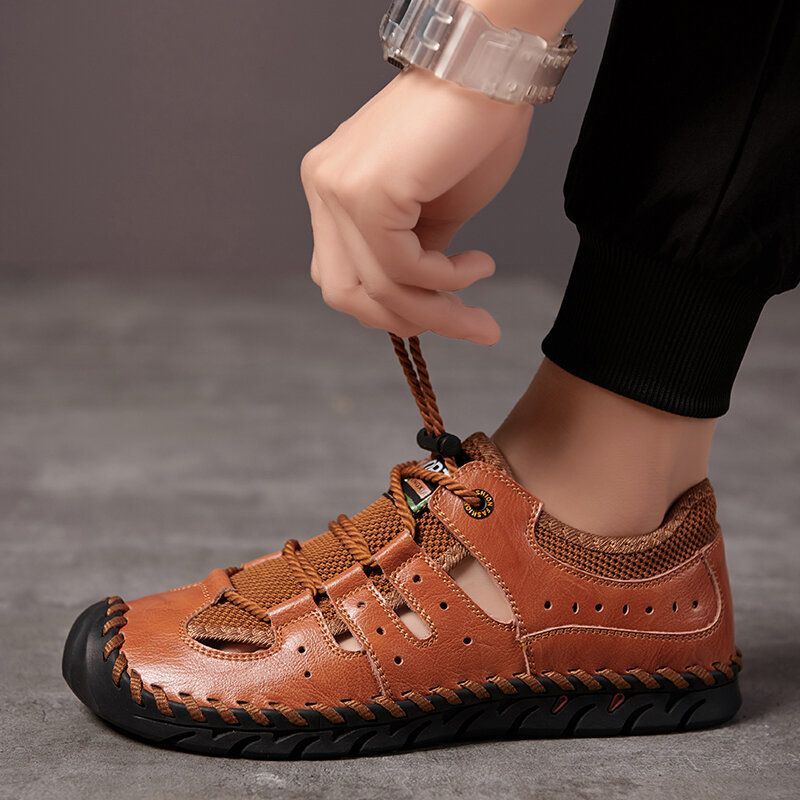 Heren Lederen Handstiksels Mesh Ademende Zachte Bodem Casual Outdoor Schoenen