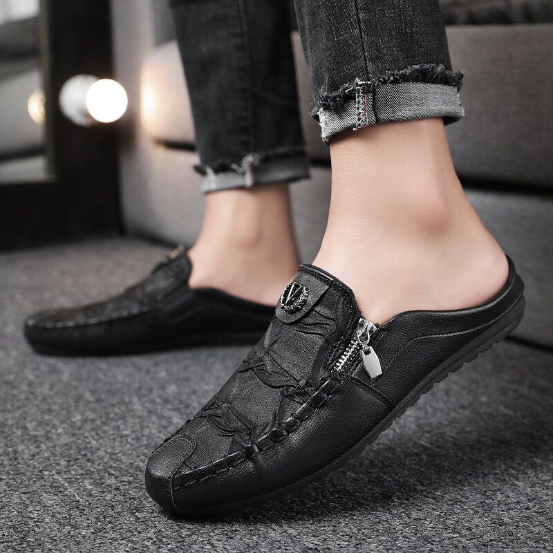 Heren Lederen Vintage Ademende Zachte Bodem Gesloten Teen Comfortabele Casual Platte Slippers