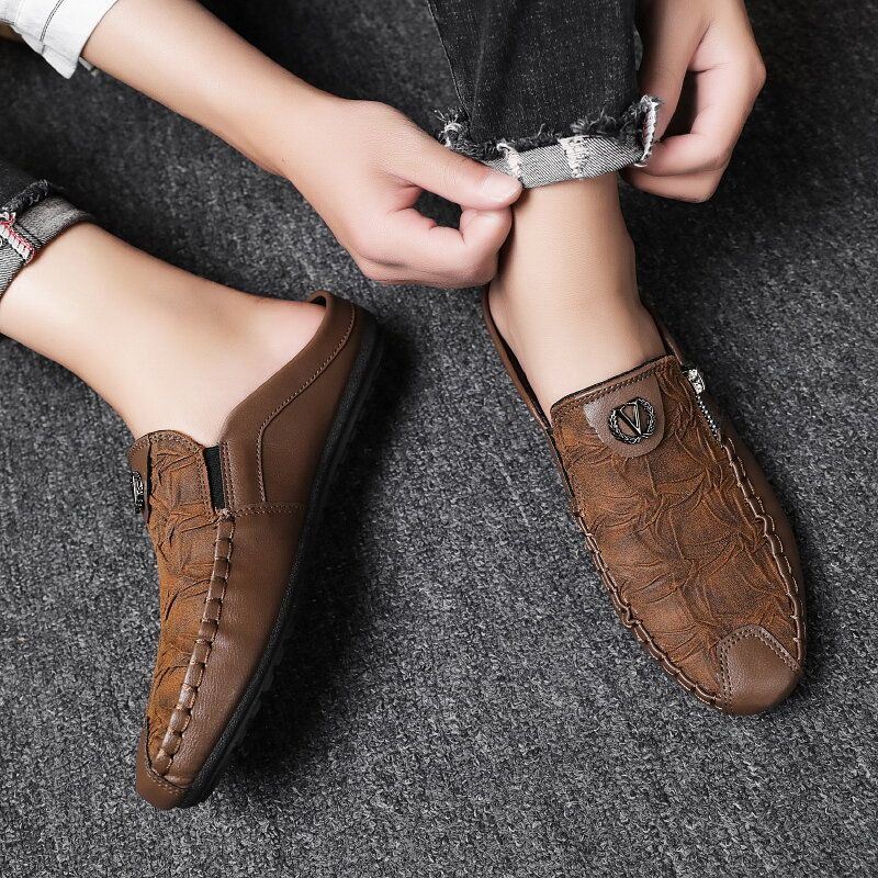 Heren Lederen Vintage Ademende Zachte Bodem Gesloten Teen Comfortabele Casual Platte Slippers