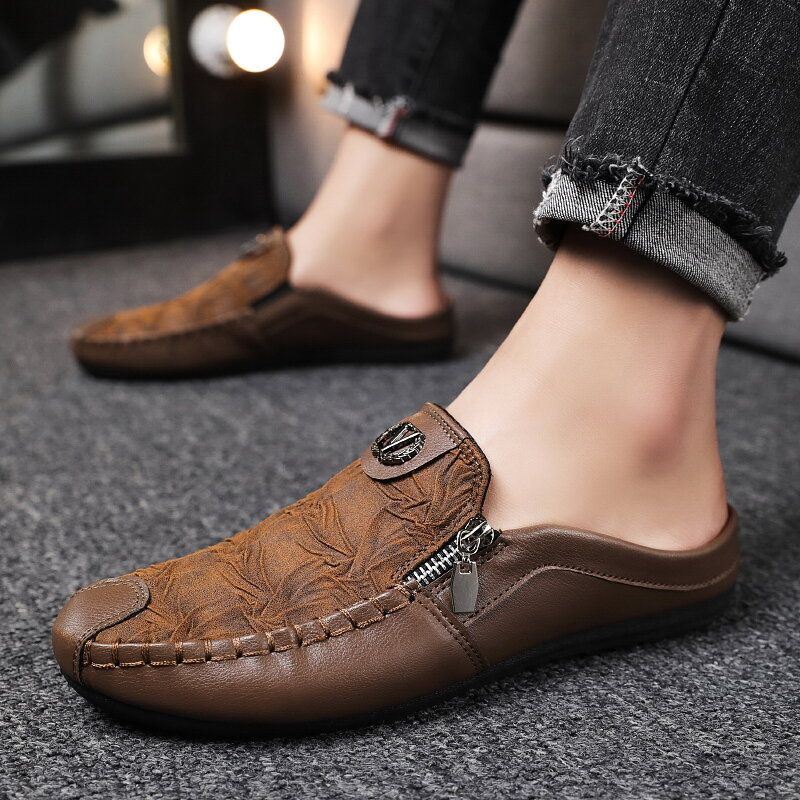 Heren Lederen Vintage Ademende Zachte Bodem Gesloten Teen Comfortabele Casual Platte Slippers