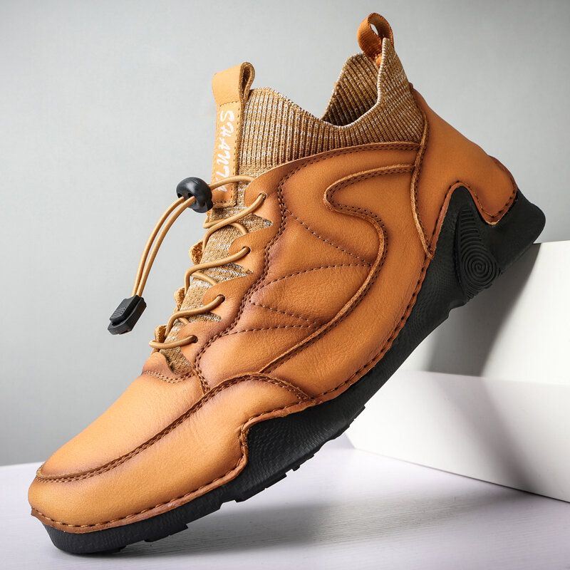 Heren Leer Ademend Zachte Zool Splicing Waterdicht Elastische Veters Sport Casual Schoenen