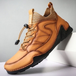 Heren Leer Ademend Zachte Zool Splicing Waterdicht Elastische Veters Sport Casual Schoenen