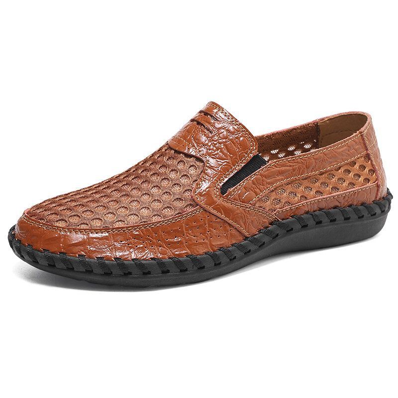 Heren Leer Mesh Ademend Antislip Handstiksels Comfortabele Casual Zakelijke Schoenen