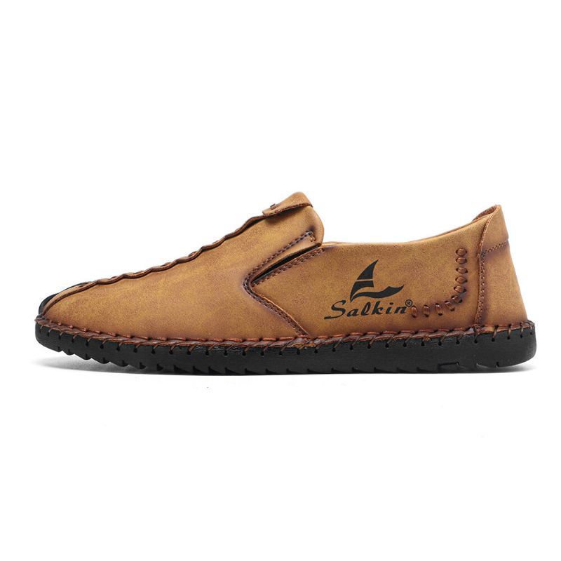 Heren Micfofiber Leer Draagbare Zachte Zool Slip-on Hand Stiksels Platte Schoenen