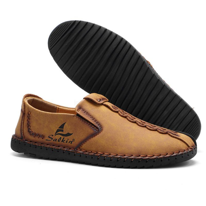 Heren Micfofiber Leer Draagbare Zachte Zool Slip-on Hand Stiksels Platte Schoenen