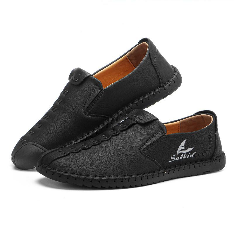 Heren Micfofiber Leer Draagbare Zachte Zool Slip-on Hand Stiksels Platte Schoenen